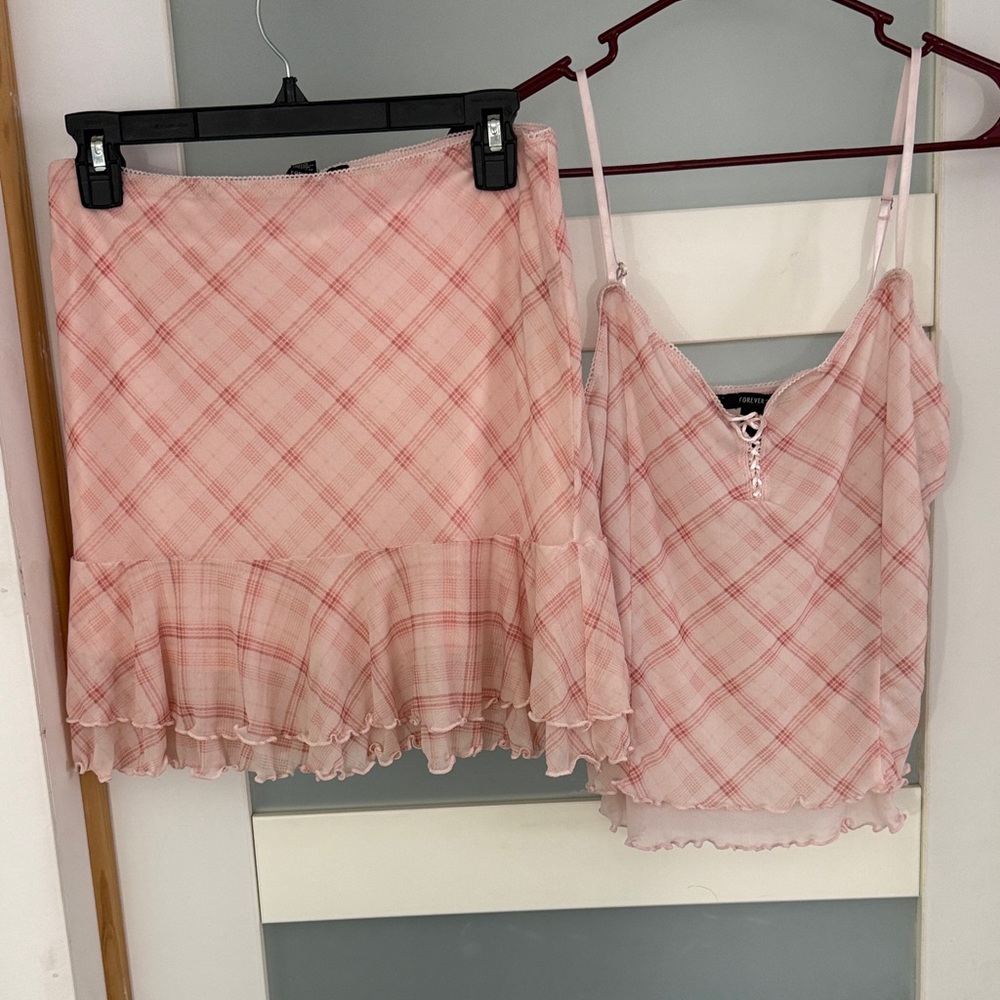 Forever 21 Blush Pink Plaid Ruffle Hem Mini Skirt and Top